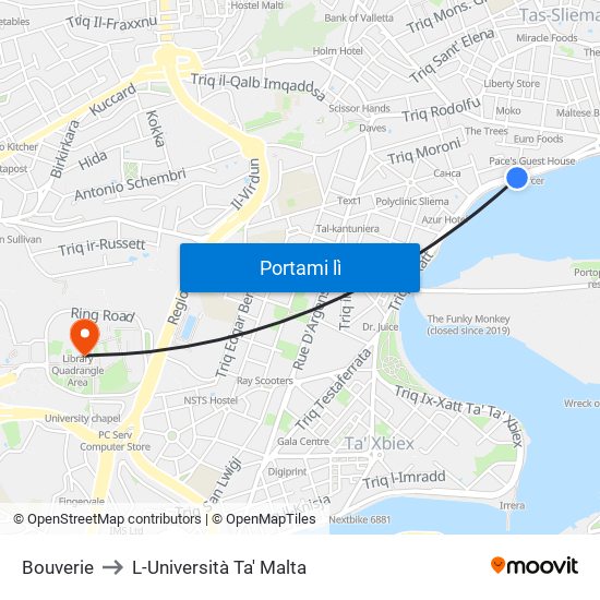 Bouverie to L-Università Ta' Malta map