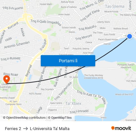 Ferries 2 to L-Università Ta' Malta map