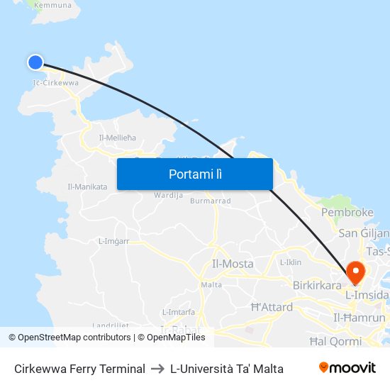 Cirkewwa Ferry Terminal to L-Università Ta' Malta map