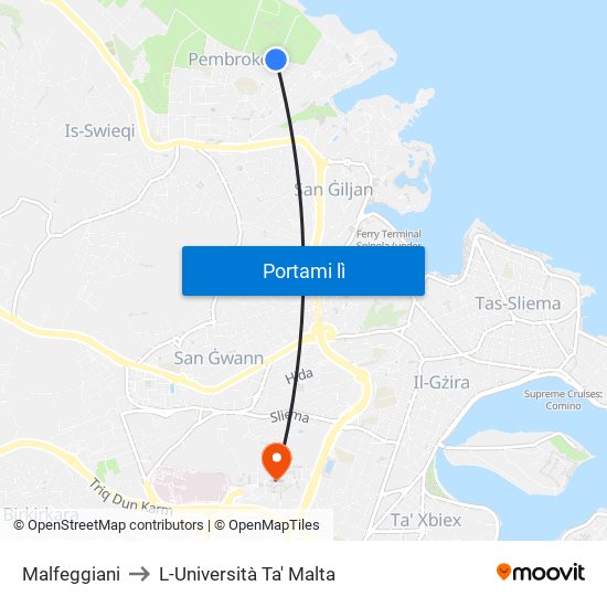 Malfeggiani to L-Università Ta' Malta map