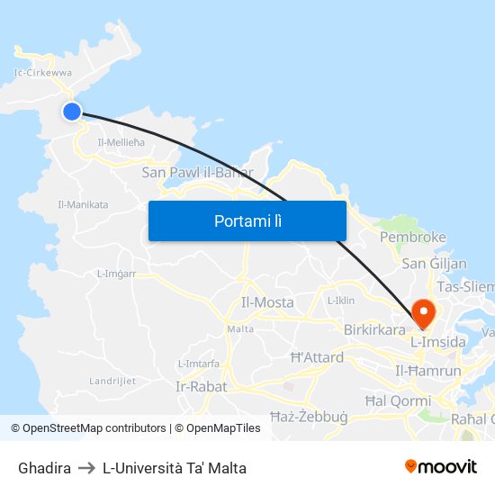 Ghadira to L-Università Ta' Malta map