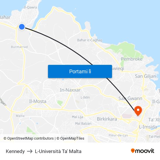 Kennedy to L-Università Ta' Malta map