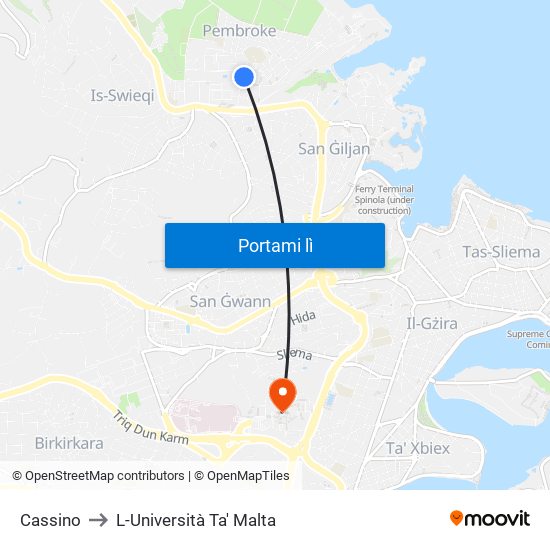 Cassino to L-Università Ta' Malta map