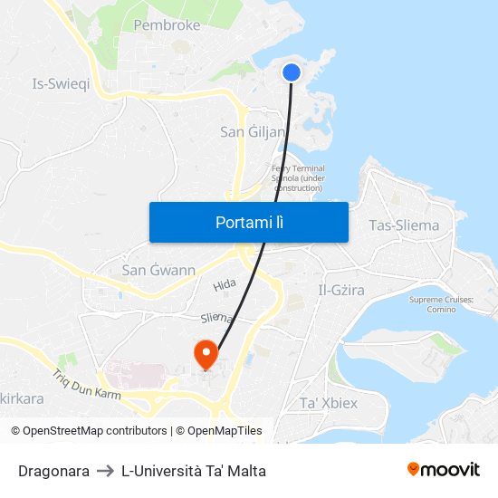 Dragonara to L-Università Ta' Malta map