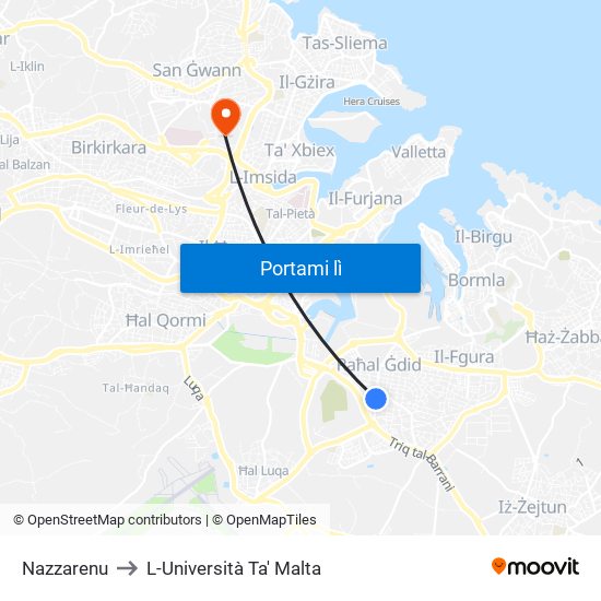 Nazzarenu to L-Università Ta' Malta map