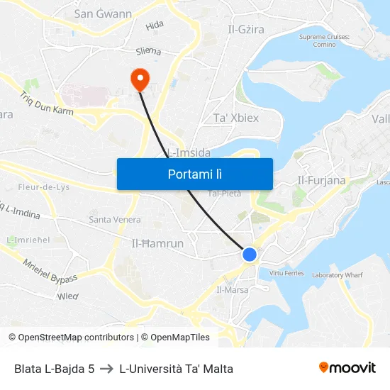 Blata L-Bajda 5 to L-Università Ta' Malta map