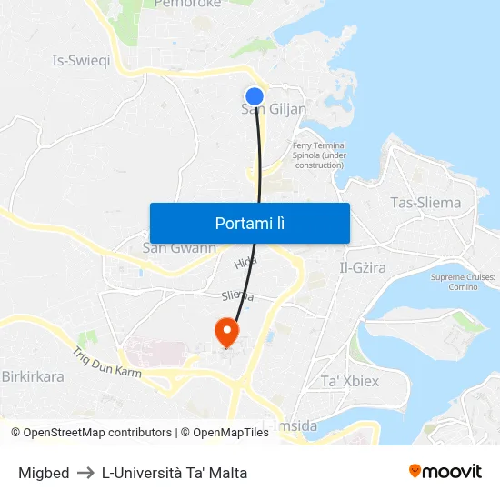 Migbed to L-Università Ta' Malta map