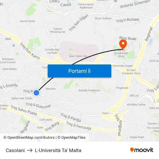 Casolani to L-Università Ta' Malta map