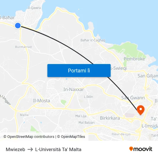 Mwiezeb to L-Università Ta' Malta map