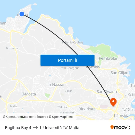 Bugibba Bay 4 to L-Università Ta' Malta map