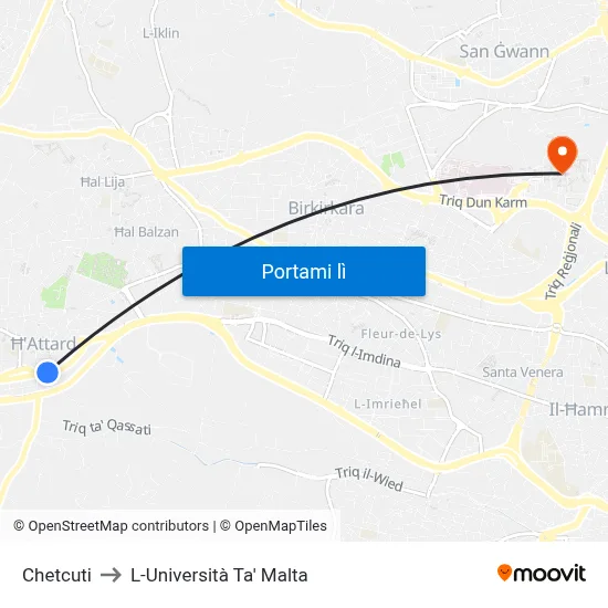 Chetcuti to L-Università Ta' Malta map