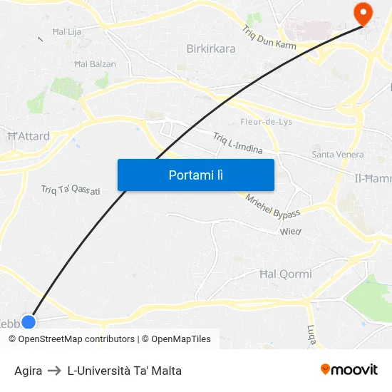 Agira to L-Università Ta' Malta map