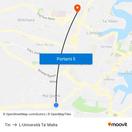 Tin to L-Università Ta' Malta map