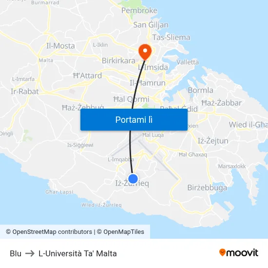 Blu to L-Università Ta' Malta map
