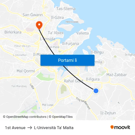 1st Avenue to L-Università Ta' Malta map