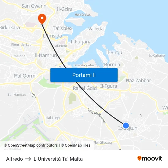 Alfredo to L-Università Ta' Malta map