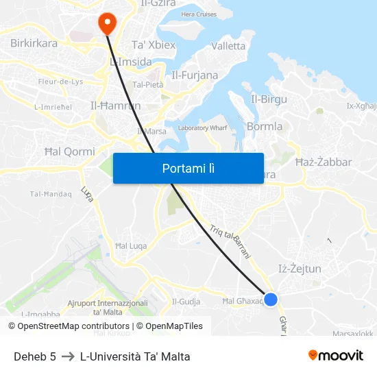 Deheb 5 to L-Università Ta' Malta map