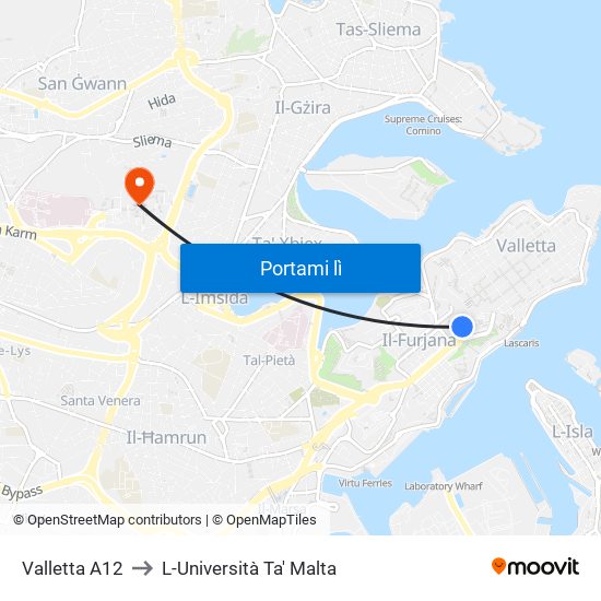 Valletta A12 to L-Università Ta' Malta map