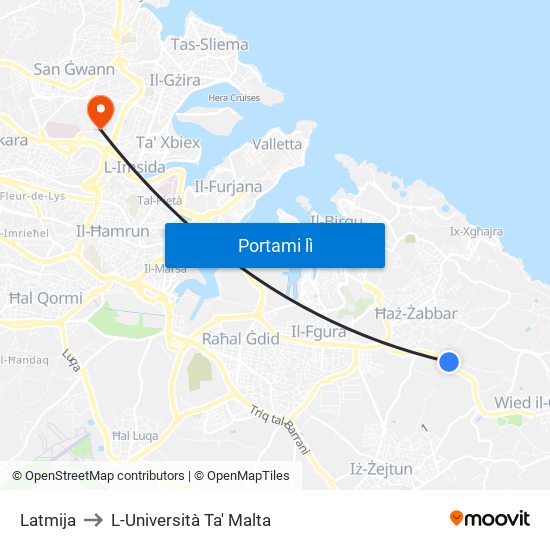 Latmija to L-Università Ta' Malta map