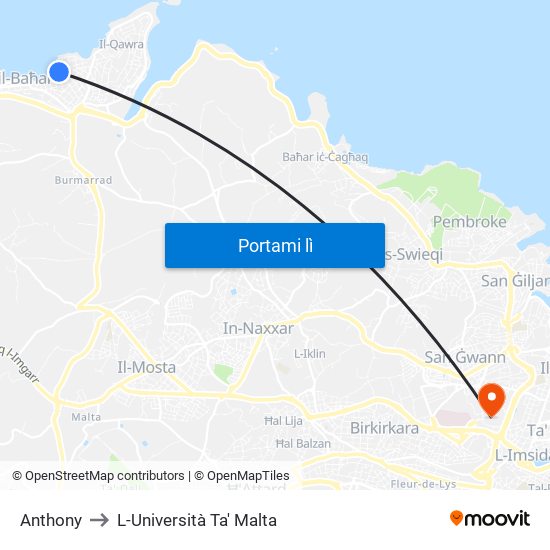 Anthony to L-Università Ta' Malta map