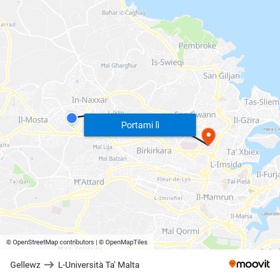 Gellewz to L-Università Ta' Malta map