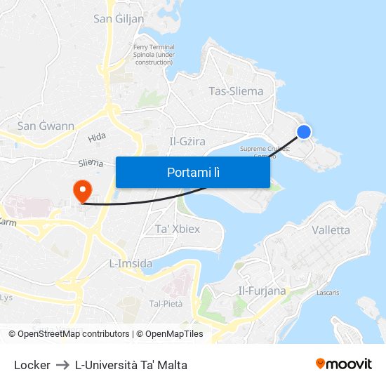 Locker to L-Università Ta' Malta map