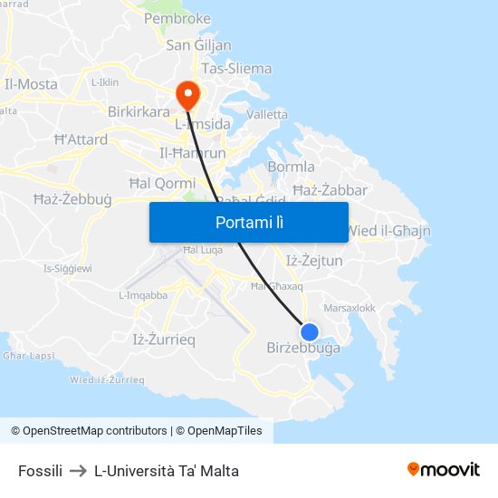 Fossili to L-Università Ta' Malta map