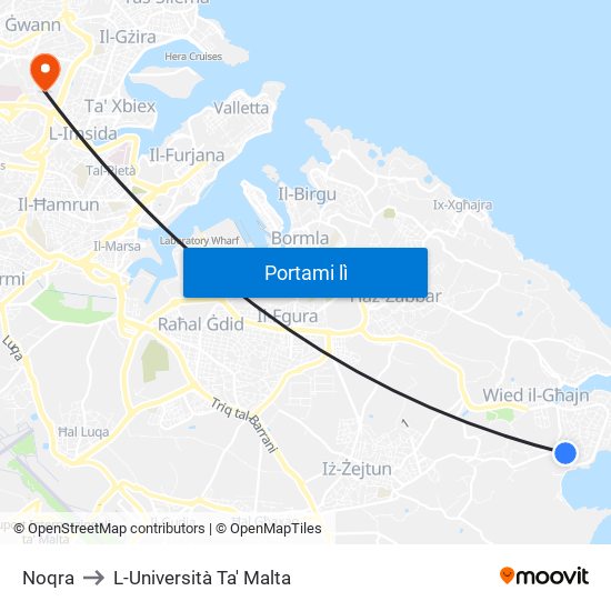 Noqra to L-Università Ta' Malta map