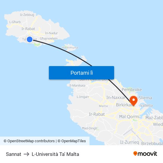 Sannat to L-Università Ta' Malta map