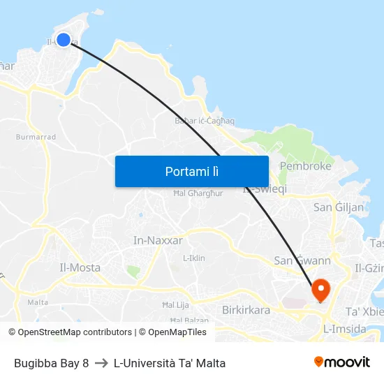 Bugibba Bay 8 to L-Università Ta' Malta map