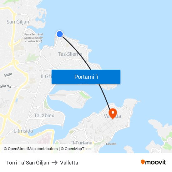 St. Julians Tower to Valletta map