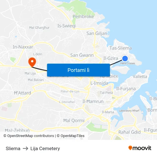 Sliema to Lija Cemetery map