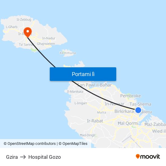 Gzira to Hospital Gozo map