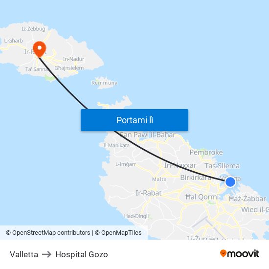 Valletta to Hospital Gozo map