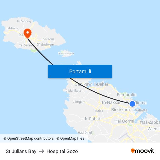 St Julians Bay to Hospital Gozo map