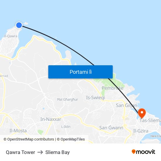 Qawra Tower to Sliema Bay map