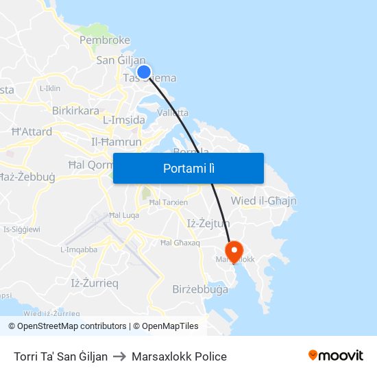 St. Julians Tower to Marsaxlokk Police map