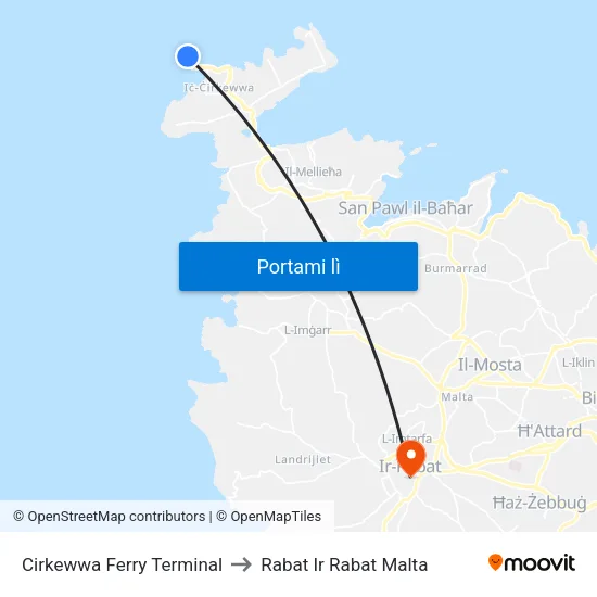 Cirkewwa Ferry Terminal to Rabat Ir Rabat Malta map