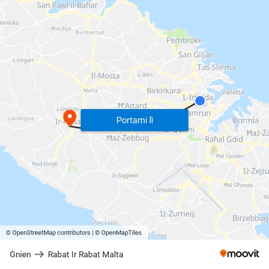 Ġnien to Rabat Ir Rabat Malta map