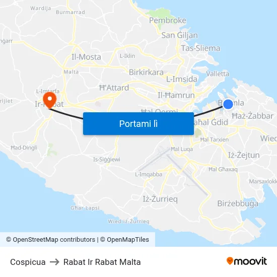 Cospicua to Rabat Ir Rabat Malta map