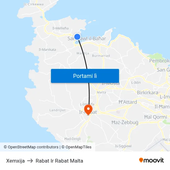 Xemxija to Rabat Ir Rabat Malta map