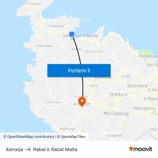 Xemxija to Rabat Ir Rabat Malta map