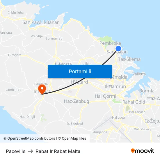Paceville to Rabat Ir Rabat Malta map
