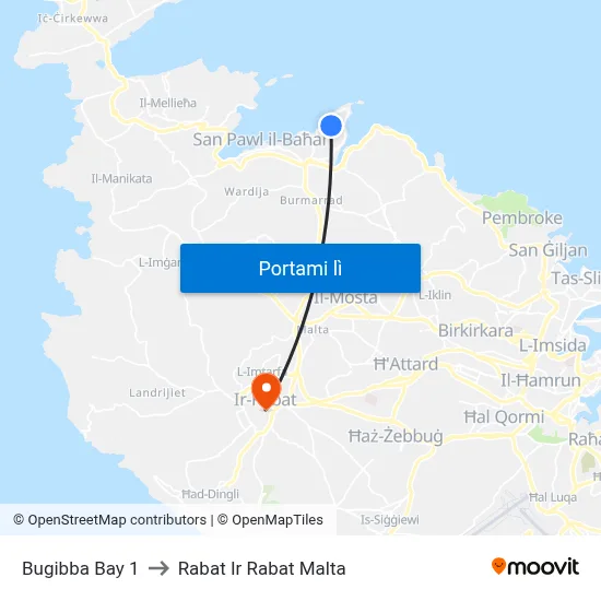 Bugibba Bay 1 to Rabat Ir Rabat Malta map