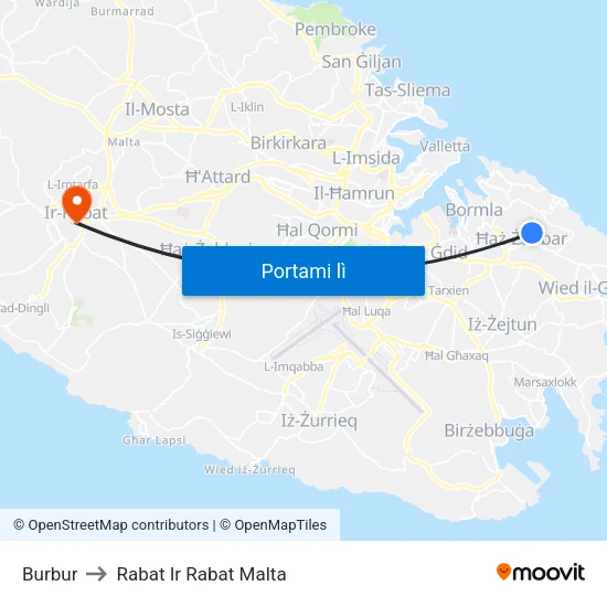 Burbur to Rabat Ir Rabat Malta map