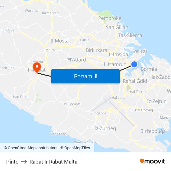 Pinto to Rabat Ir Rabat Malta map