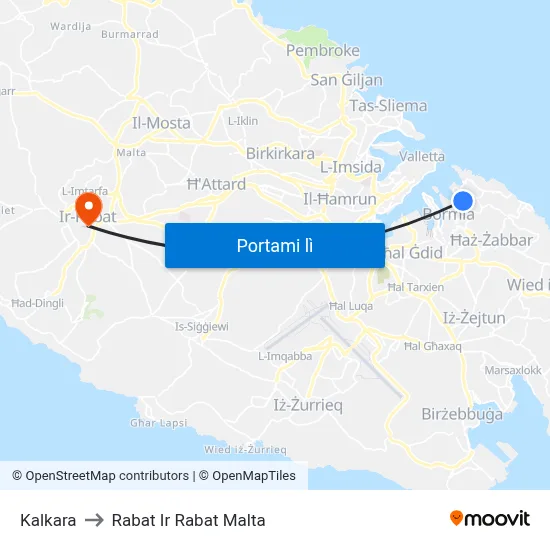 Kalkara to Rabat Ir Rabat Malta map