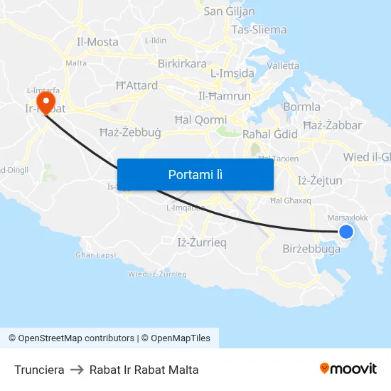 Trunciera to Rabat Ir Rabat Malta map
