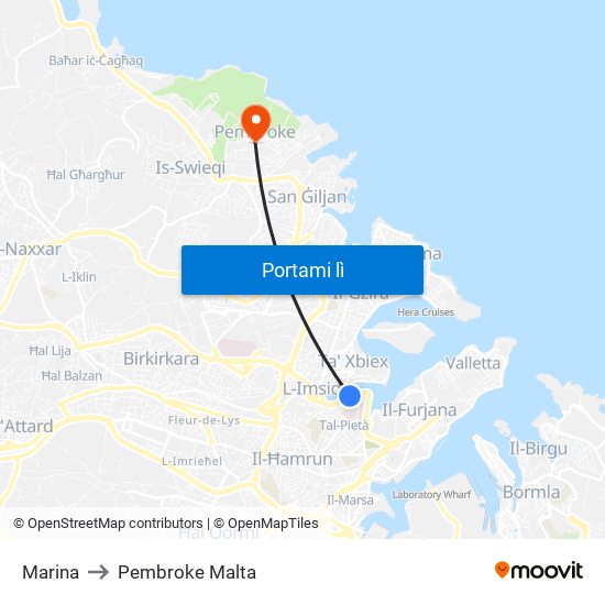 Marina to Pembroke Malta map