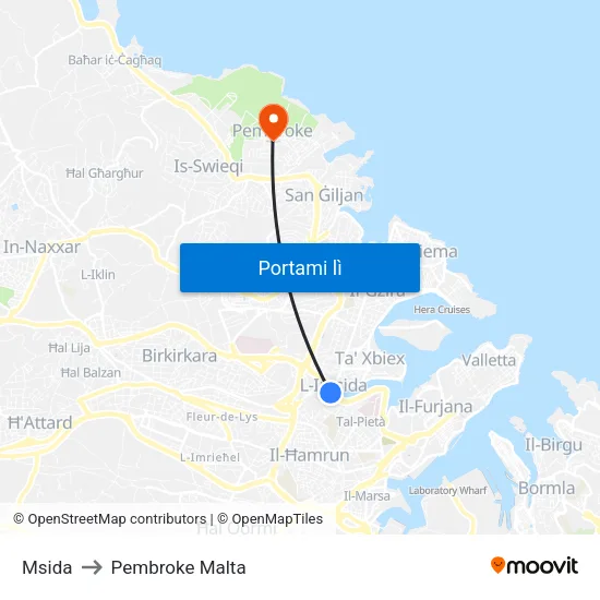 Msida to Pembroke Malta map
